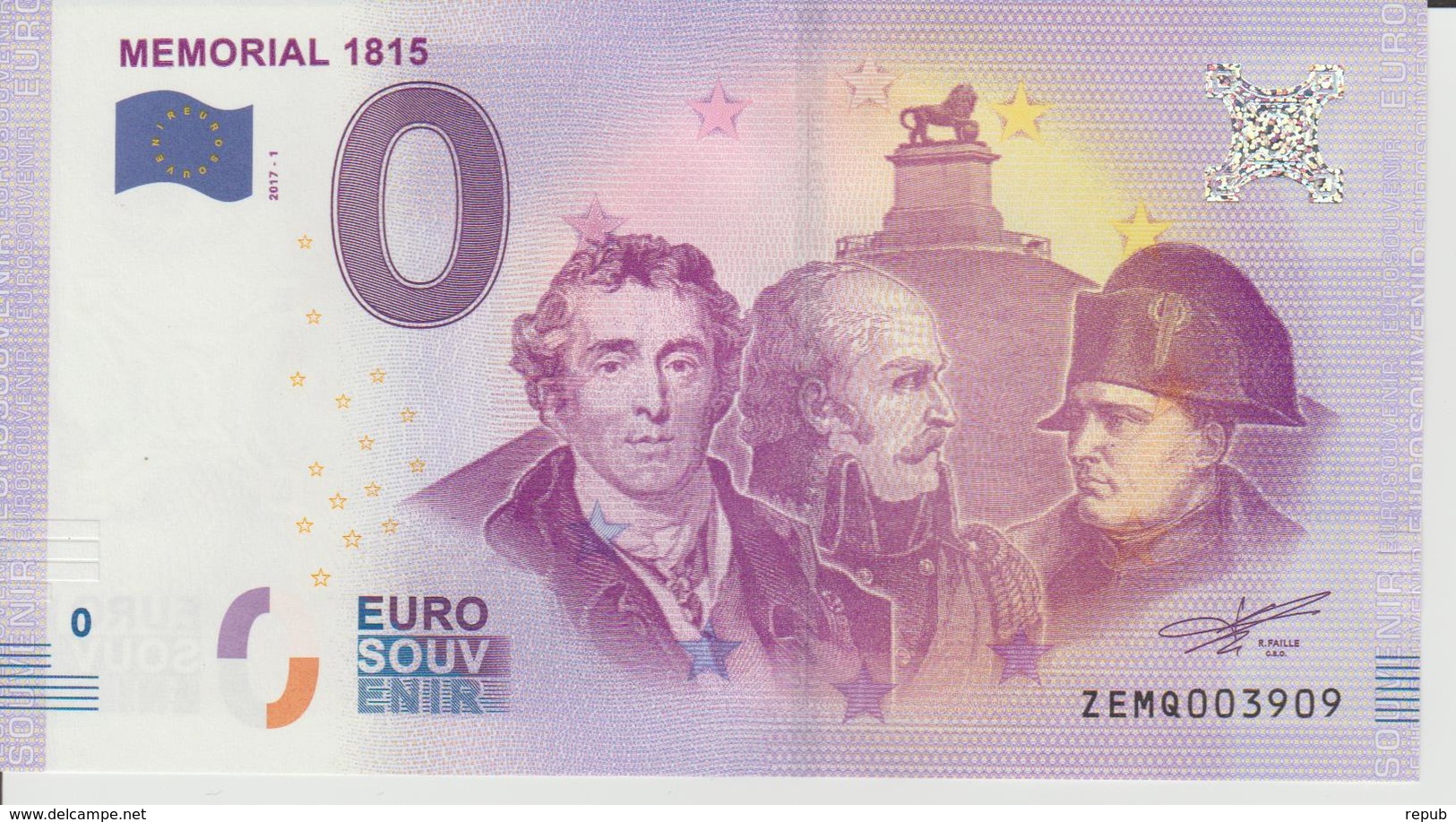 Billet Touristique 0 Euro Souvenir Belgique - Memorial 1815 2017-1 N°ZEMQ003909 - Private Proofs / Unofficial