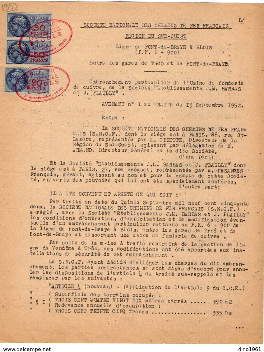 VP12.724 - PARIS - Acte 1953 - Entre La S.N.C.F Ligne De PONT DE BRAYE à BLOIS - Gare De TROO & Mrs BARBAS & PLAILLY - Ferrovie