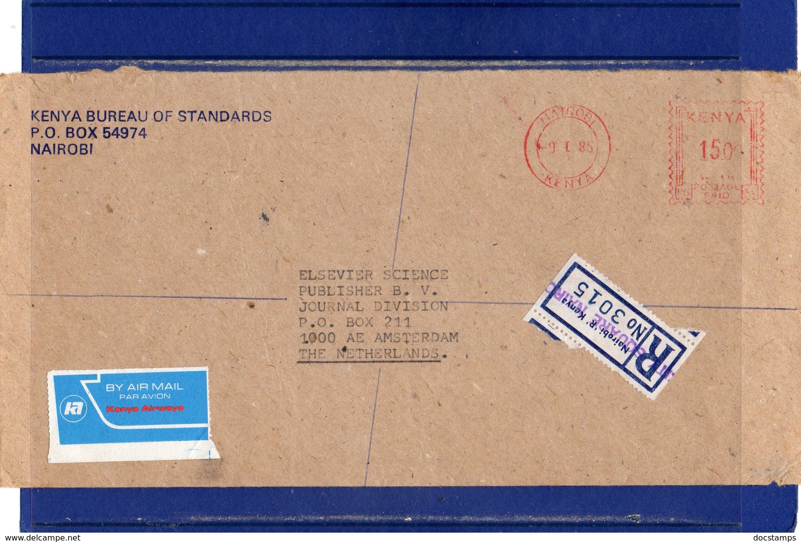 ##(DAN187)-1985-  Registered Air Mail Cover From Nairobi To Amsterdam (Holland) With EMA Franking - Kenia (1963-...)