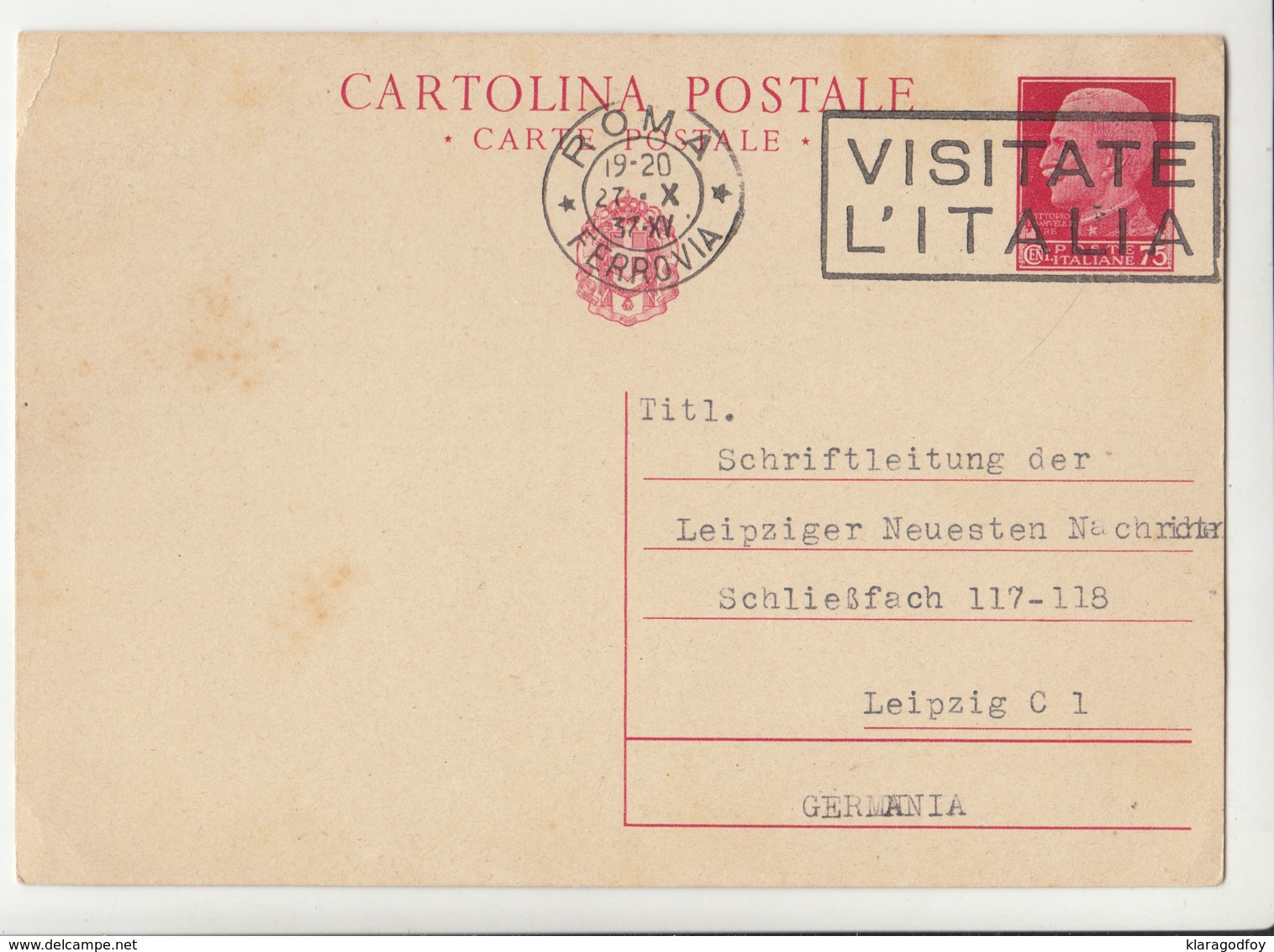 Italy Postal Stationery Postcard Cartolina Postale Travelled 1937 Roma To Leipzig B180715 - Interi Postali