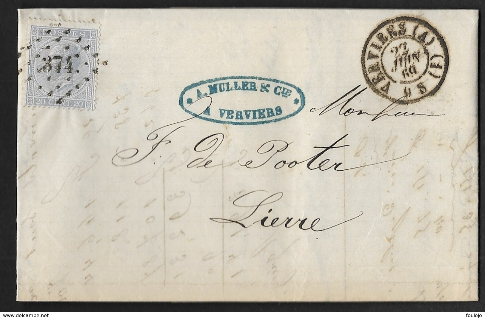 18 Sur Lettre Obl. LP 374  CaD DC Verviers (A) (1) Le 27 Janv 1869 (lot 775) - 1865-1866 Profil Gauche