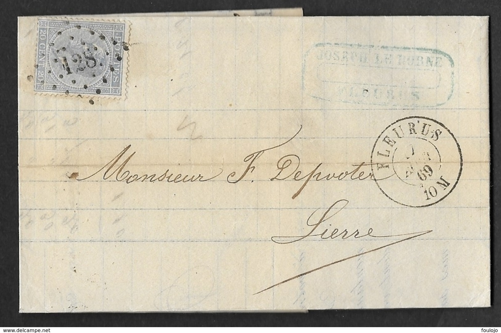 18  Sur Lettre Obl. LP 128 CaD DC Fleurus Le 17 Aout 1869 (lot 780) - 1865-1866 Profil Gauche