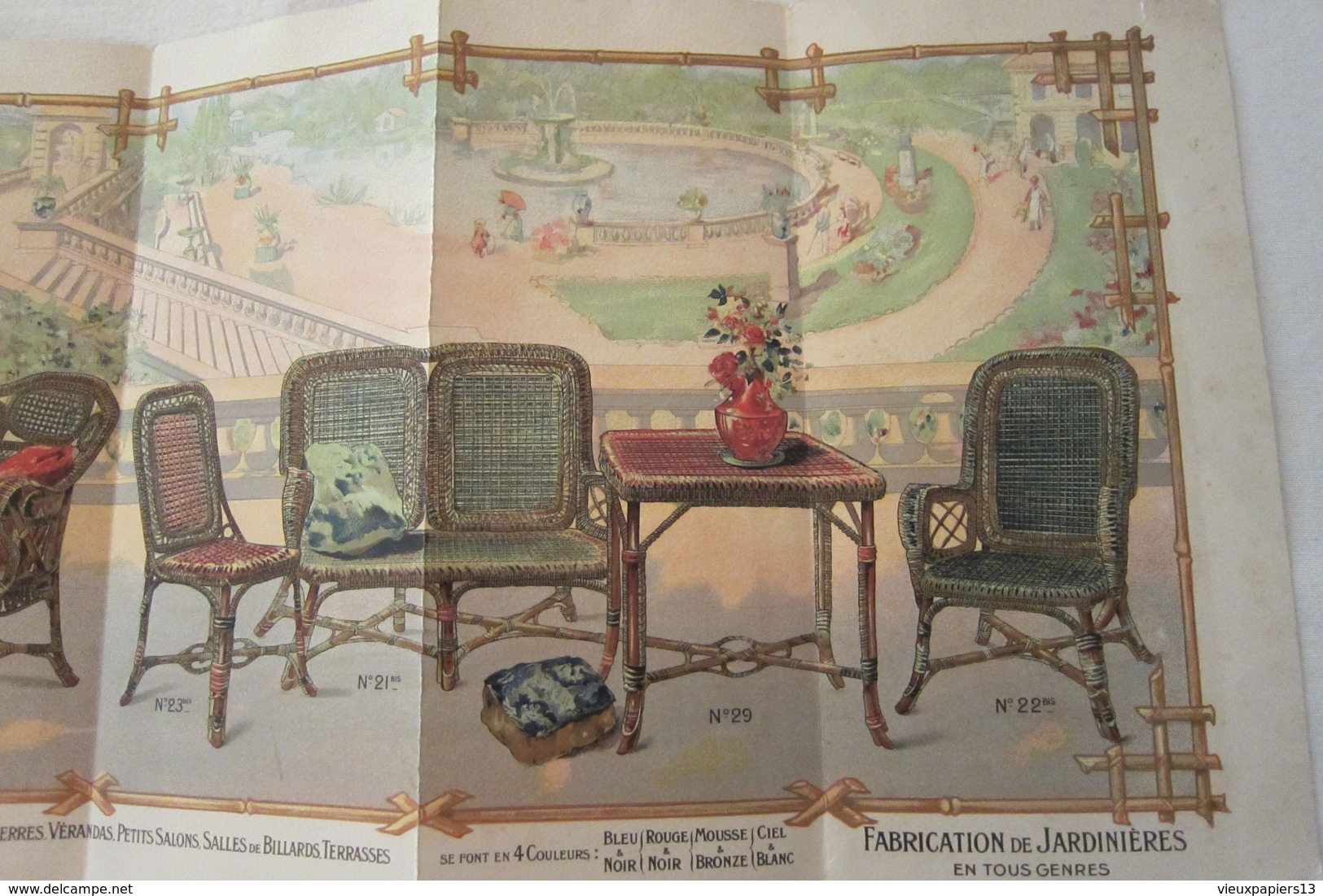 Exceptionnelle Grande Chromo Panorama 70 X 27,5 Cm De La MAISON DES BAMBOUS Publicitaire Meubles Sièges En Rotin ~1890 - Pubblicitari