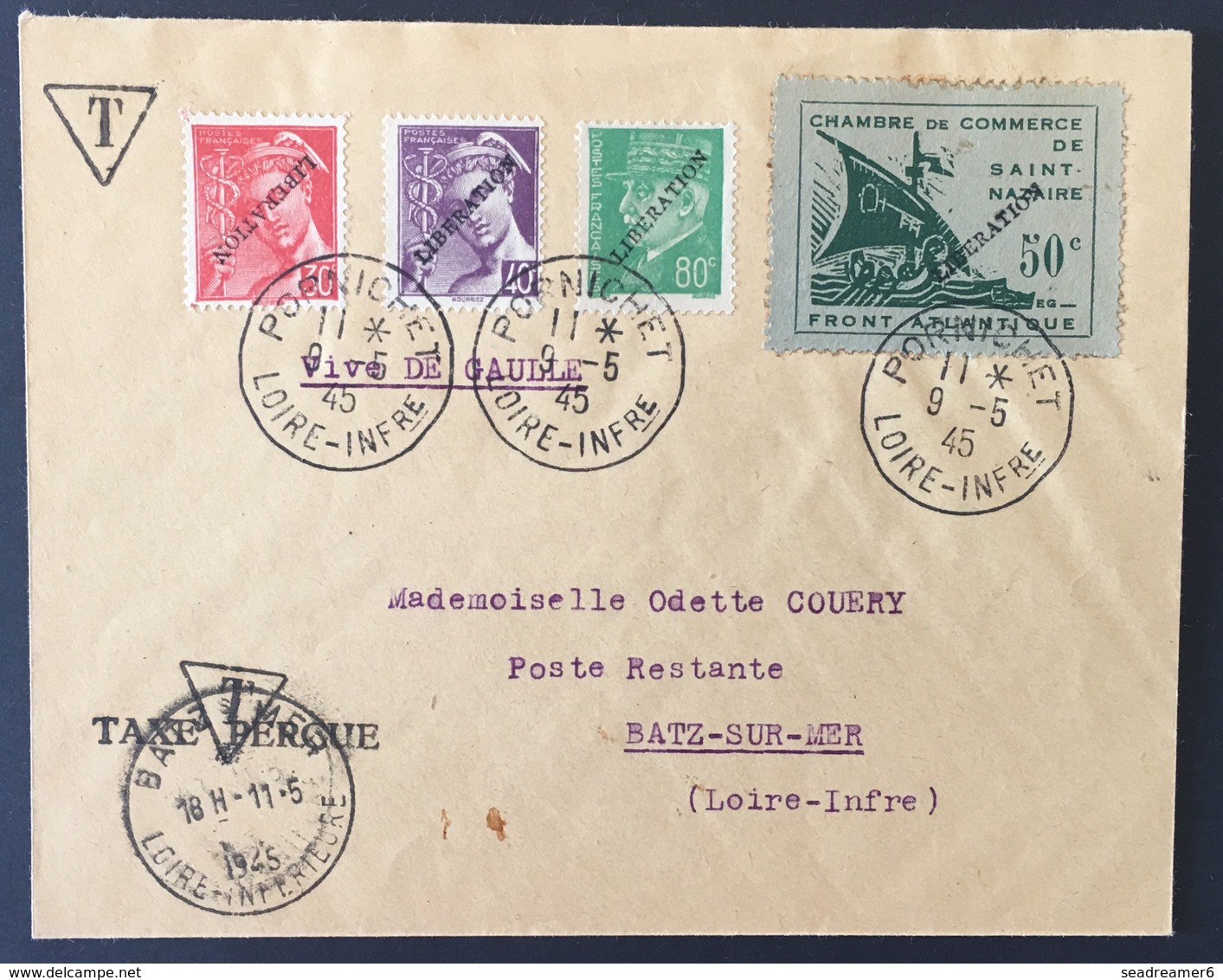 France Poche De Saint Nazaire 1945 Chambre De Commerce Sur Lettre 50c Vert Et Timbres Tous Surchargés Liberation RR - Francobolli Di Guerra