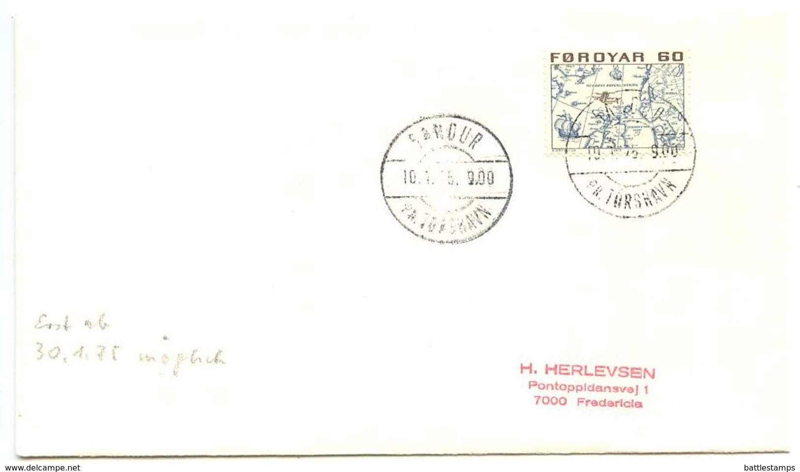 Faroes 1975 Cover Sandur To Fredericia, Denmark W/ Scott 10 Map Of North Atlantic - Faroe Islands