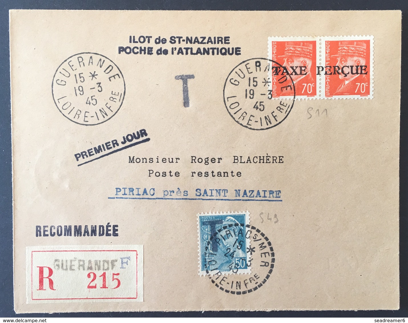 France Poche De Saint Nazaire 1945 1er Jour Du Service Lettre Griffe Ilot De Saint Nazaire/ Poche De L'atlantique RR - War Stamps