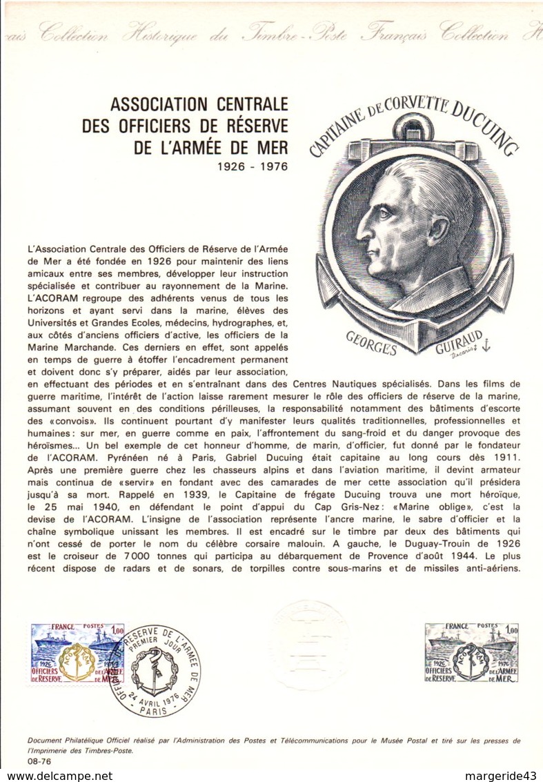 1976 DOCUMENT FDC ASSOCIATION OFFICIERS DE RESERVE DE L'ARMEE DE MER - Documents De La Poste