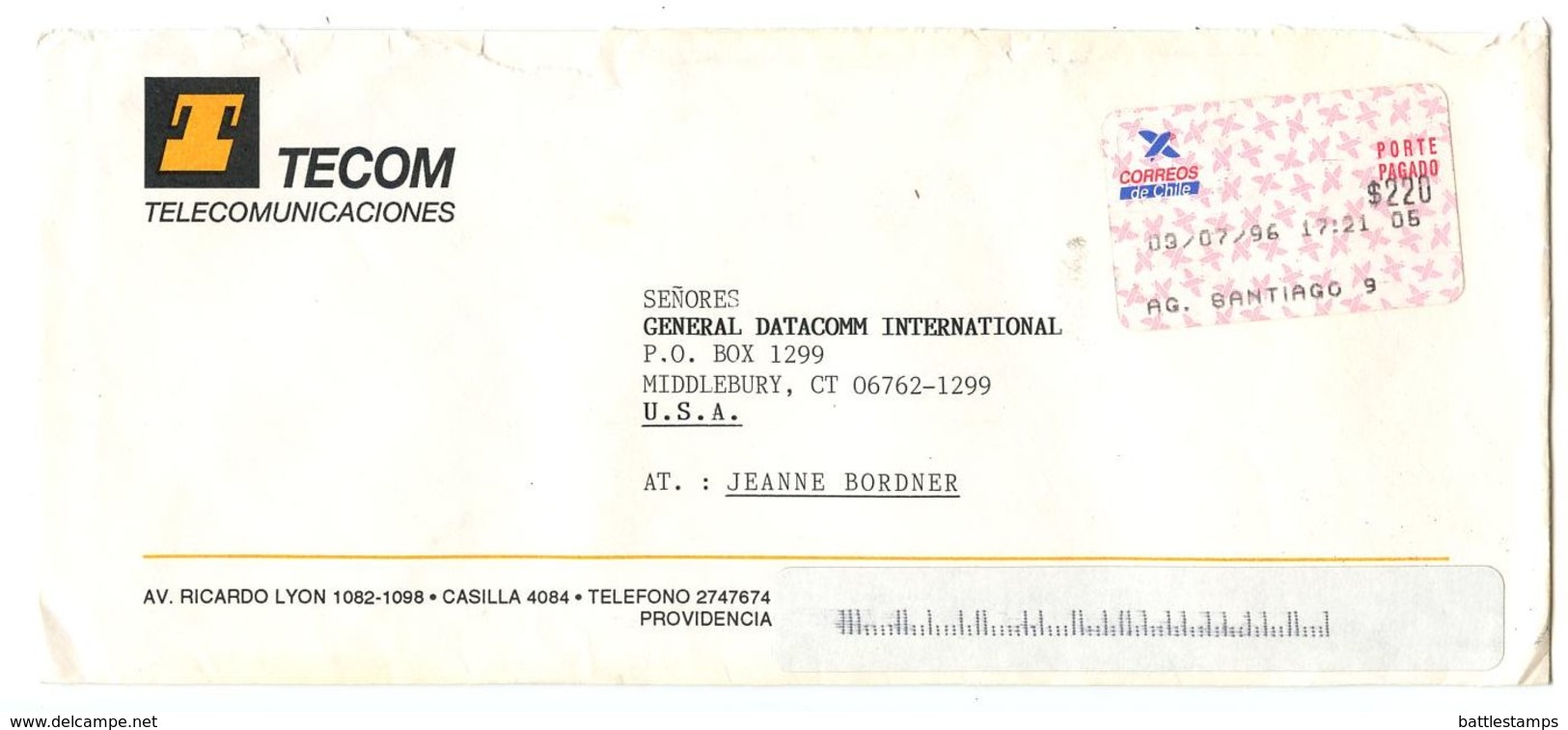 Chile 1996 Cover Santiago To Middlebury, Connecticut W/ Self-adhesive Meter - Chili