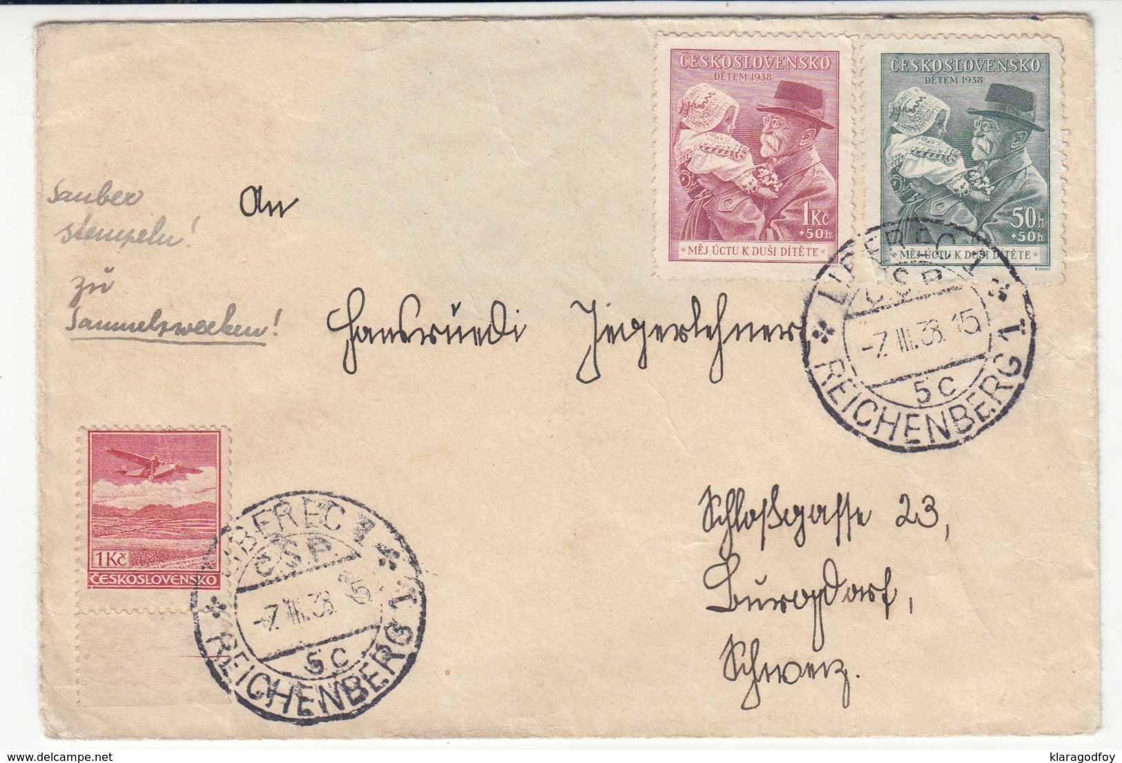 Czechoslovakia Letter Cover Travelled 1938 Liberec B180715 - Cartas & Documentos