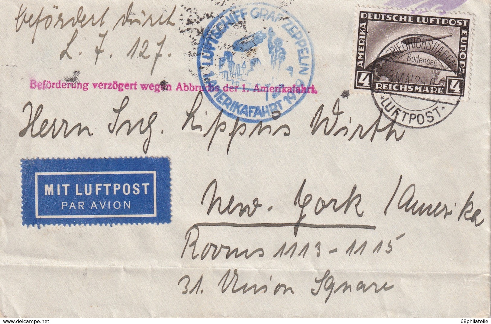 ALLEMAGNE 1929 LETTRE DE FRIEDRICHSHAFEN PAR LUFTSCHIFF GRAF ZEPPELIN  LZ 127 POUR NEW YORK - Airmail & Zeppelin