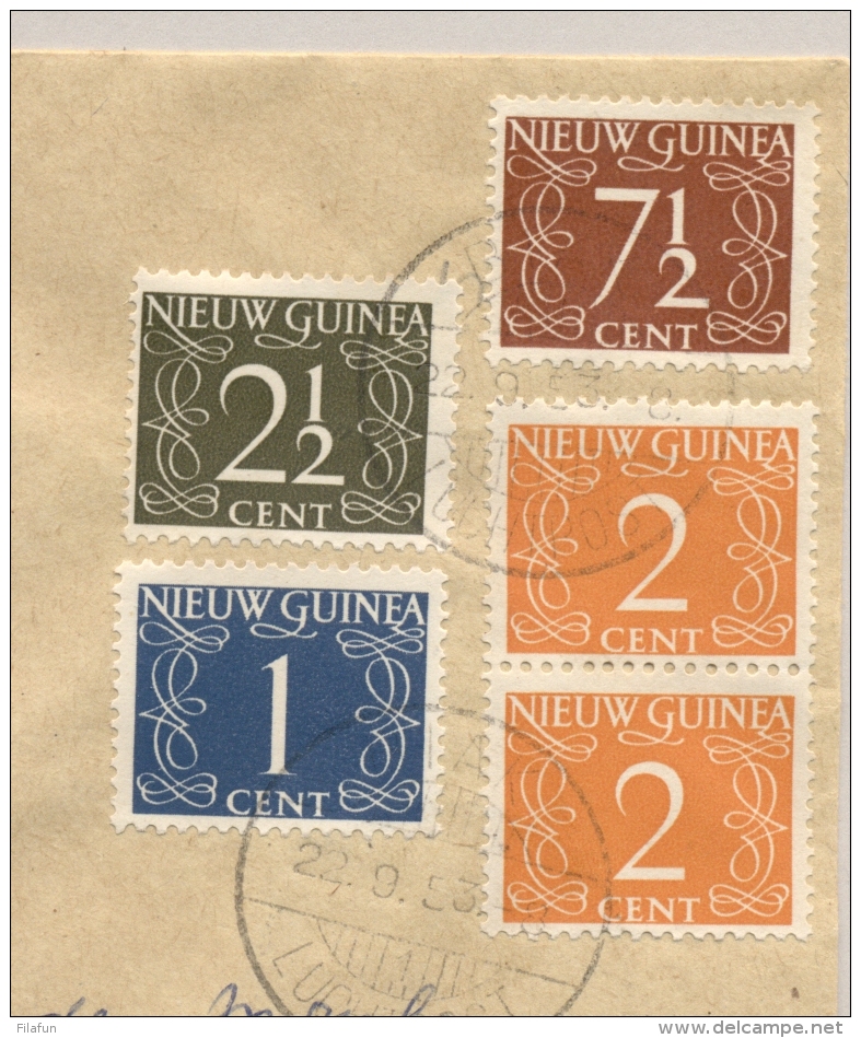 Nederland Nieuw Guinea - 1953 - 5 Nederlandse Portzegels Op Taxed Cover Van Biak Naar Sorong - Nederlands Nieuw-Guinea