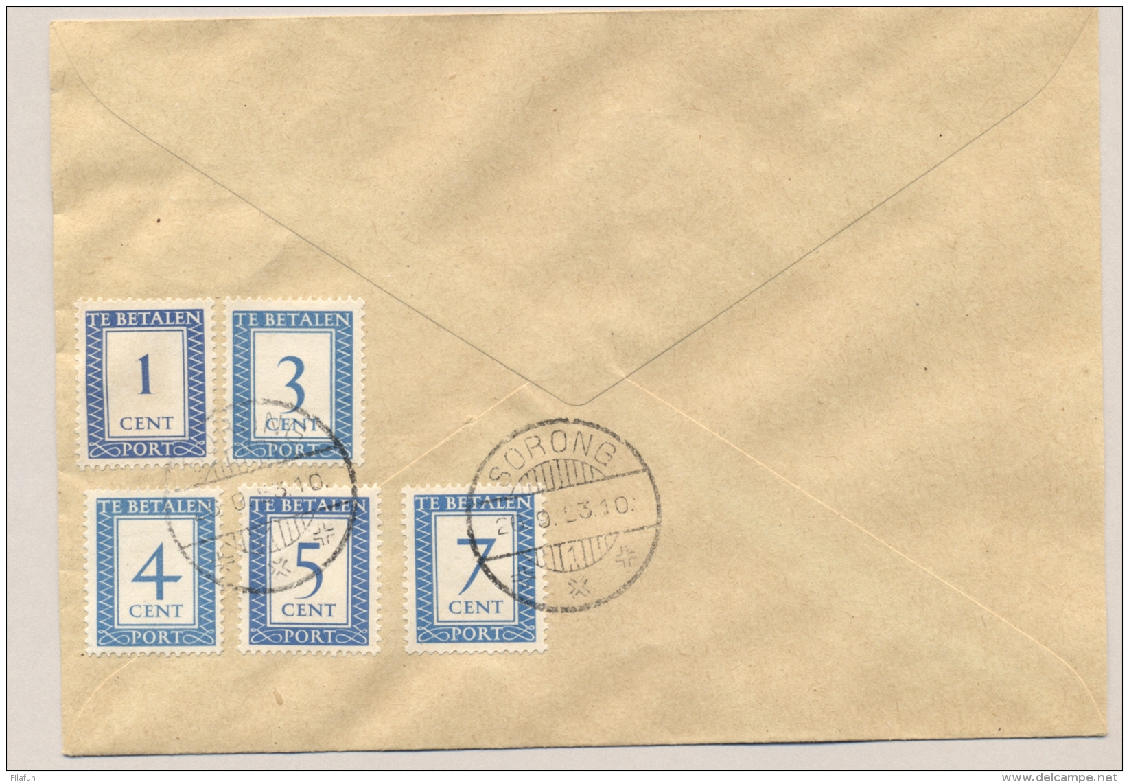 Nederland Nieuw Guinea - 1953 - 5 Nederlandse Portzegels Op Taxed Cover Van Biak Naar Sorong - Nederlands Nieuw-Guinea