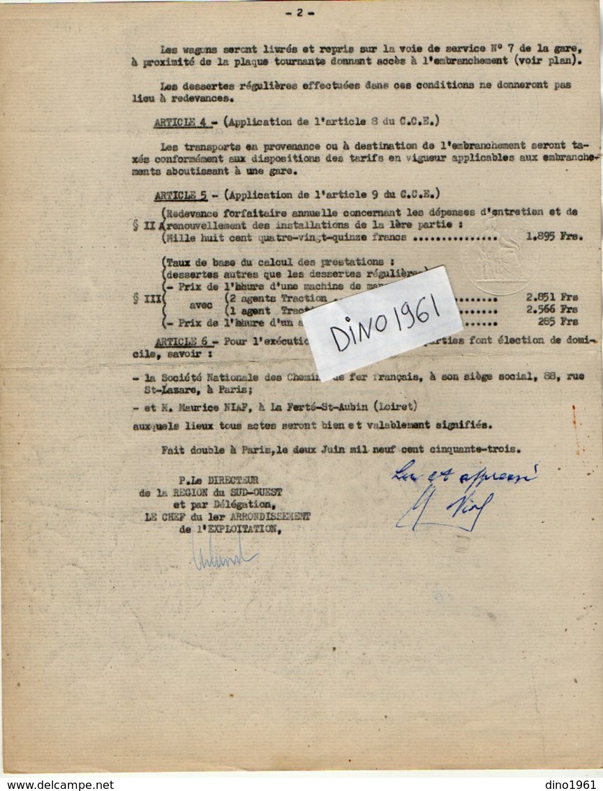 VP12.726 - PARIS - Acte De 1953 - Entre La S.N.C.F Ligne D'ORLEANS à VIERZON - Gare De LA FERTE SAINT AUBAIN & Mr NIAF - Spoorweg