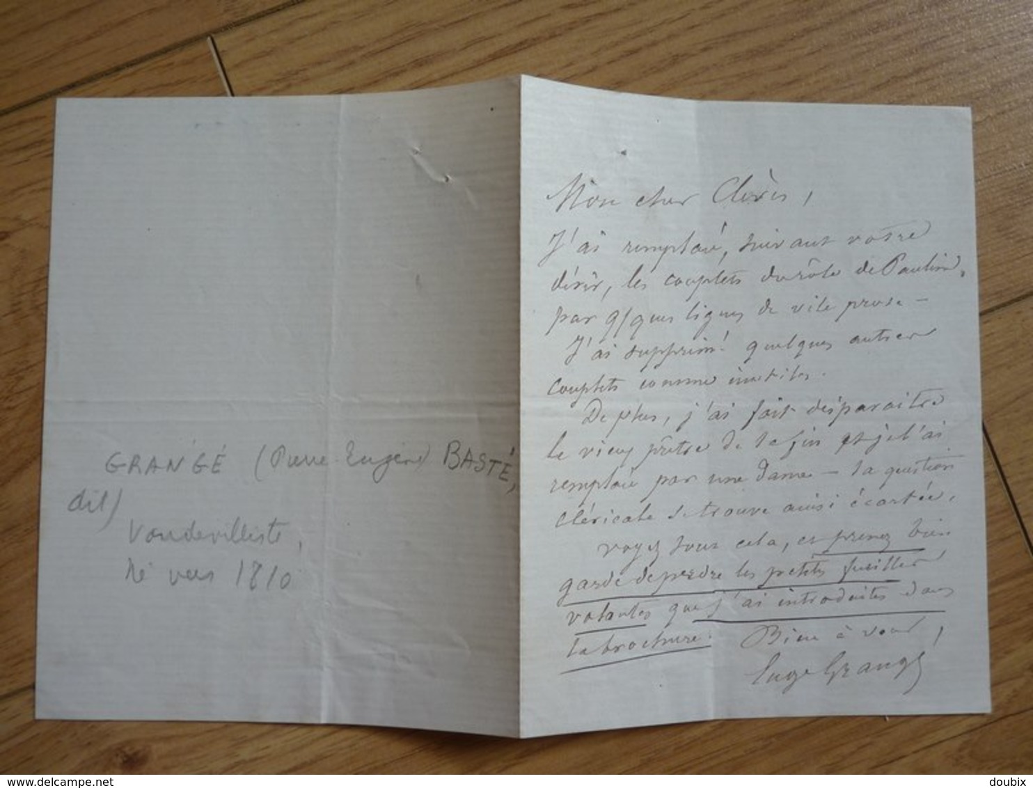 Eugène GRANGE (1810-1887) Chansonnier SOCIETE Du CAVEAU. Vaudeville. AUTOGRAPHE - Autres & Non Classés