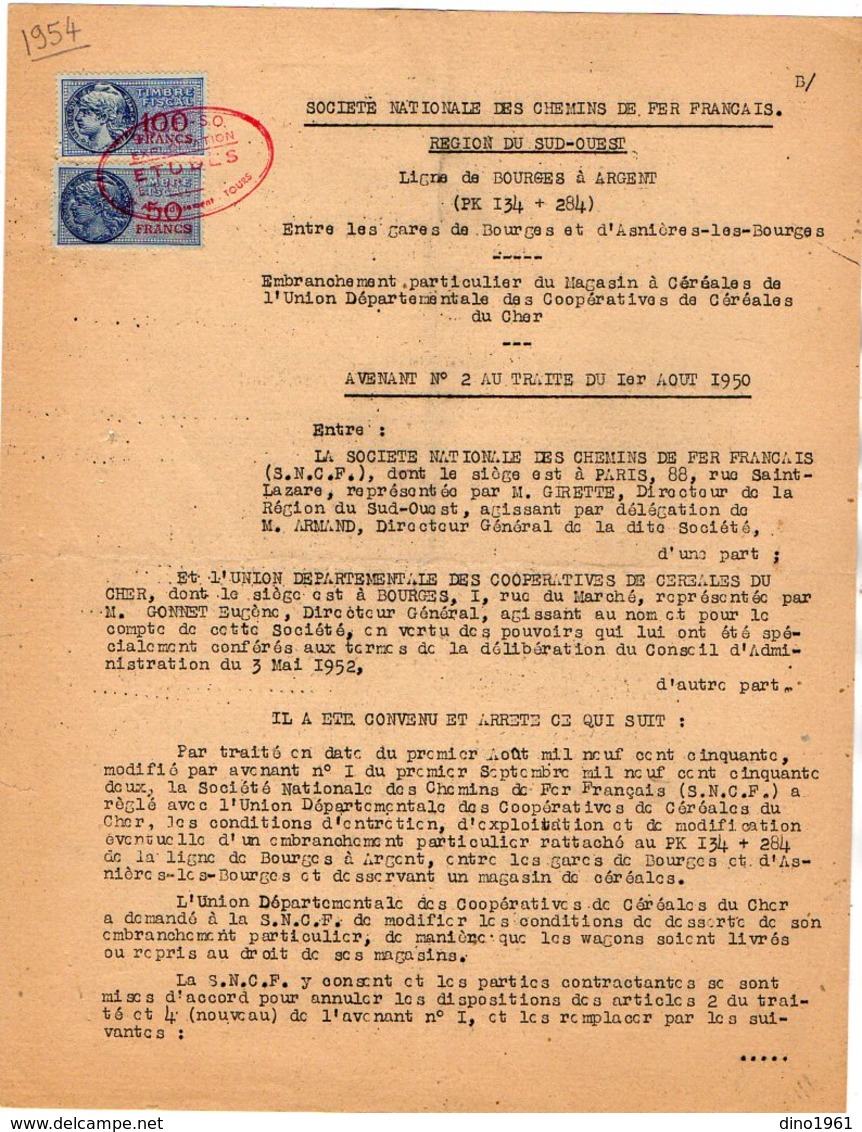 VP12.727 - PARIS - Acte De 1954 - Entre La S.N.C.F Ligne De BOURGES à ARGENT - Gare D'ASNIERES & La Coopérative ... - Chemin De Fer