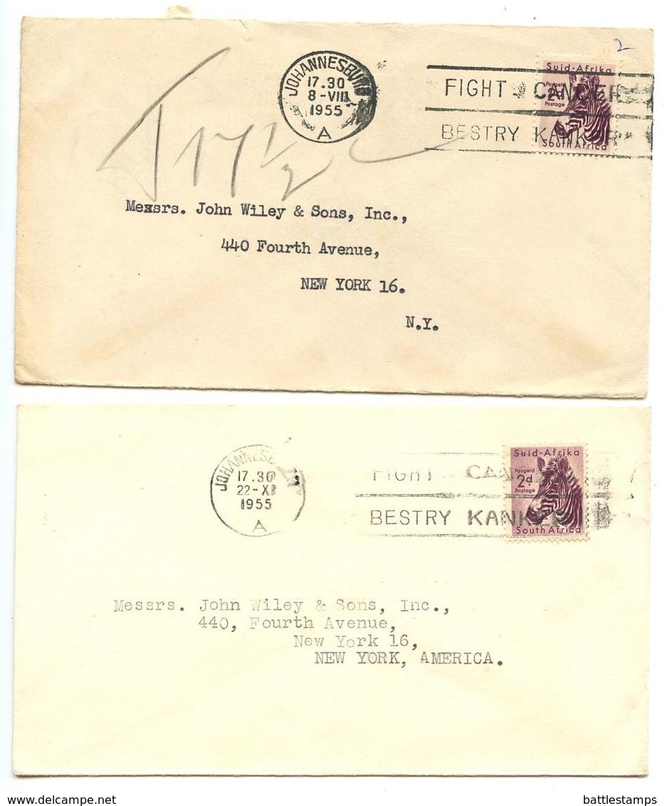 South Africa 1955 2 Covers Johannesburg To U.S. W/ Scott 203 Zebra, Fight Cancer Slogan - Covers & Documents