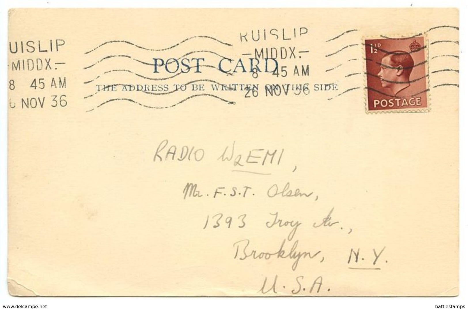 Great Britain 1936 Postcard Ruislip, Middlesex To U.S., Radio W2EMI - Covers & Documents