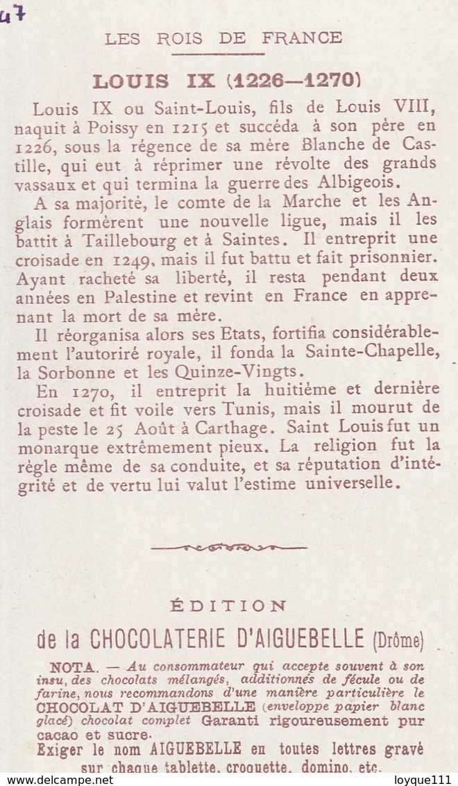 Chromo Chocolaterie D'aiguebelle "les Rois De France"  Louis IX. 1226-1270 - Cioccolato