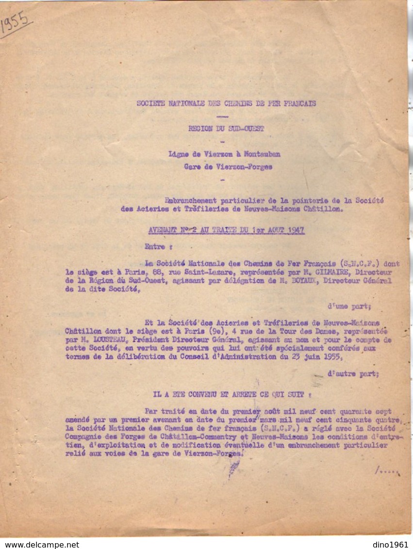 VP12.728 - PARIS - Acte De 1955 - Entre La S.N.C.F Ligne De VIERZON à MONTAUBAN X FORGES & La Sté Des Acièries - Chemin De Fer