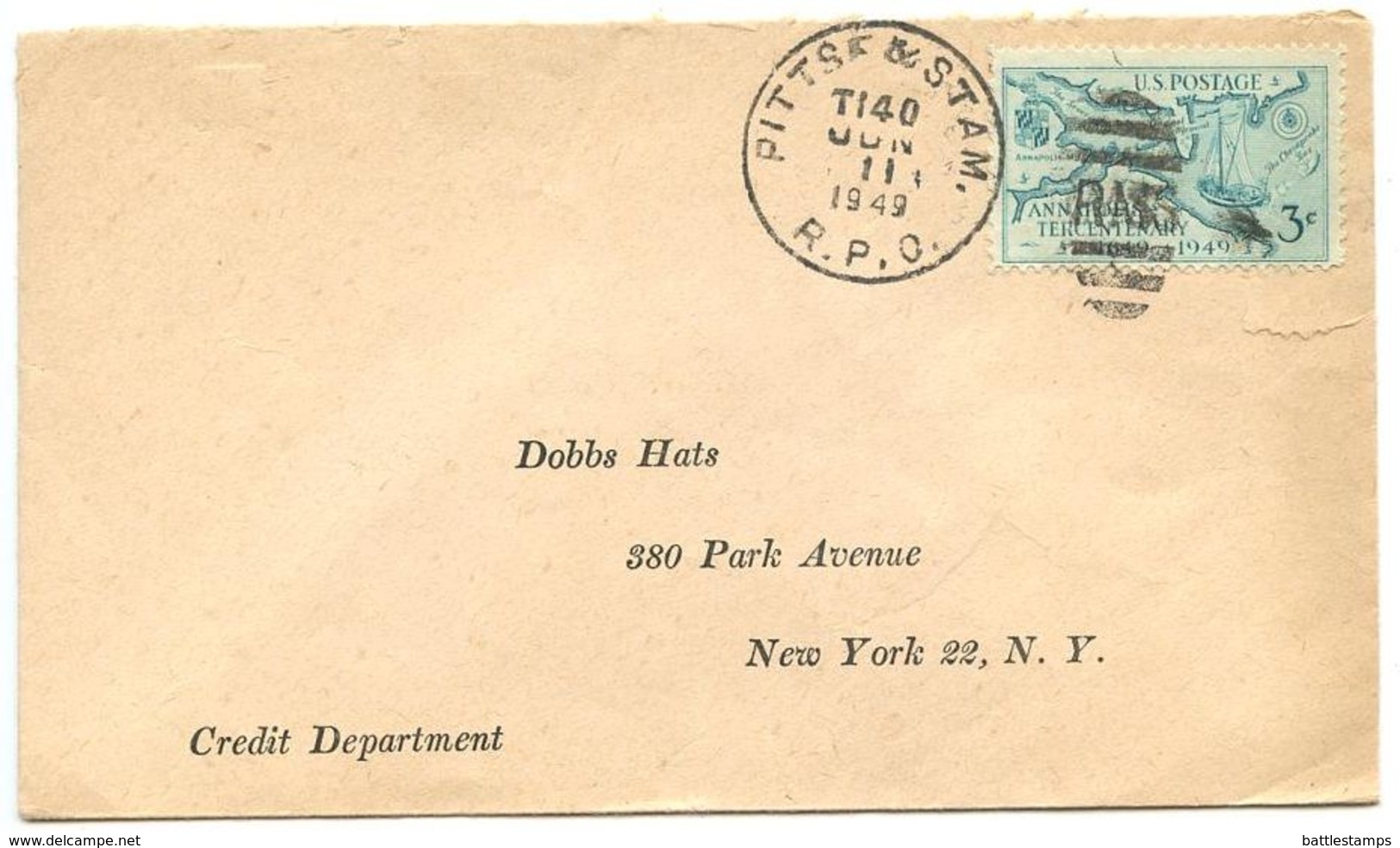 United States 1949 Cover To New York NY W/ Pittsf & Stam. R.P.O. Postmark - Sonstige & Ohne Zuordnung