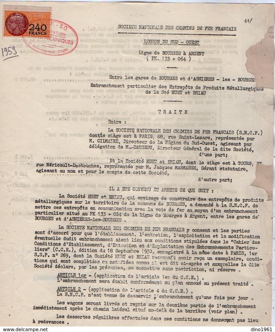 VP12.730 - PARIS - Acte De 1959 - Entre La S.N.C.F Ligne De BOURGES à ARGENT X ASNIERES & La Sté HUET & BRIAU à TOURS - Eisenbahnverkehr