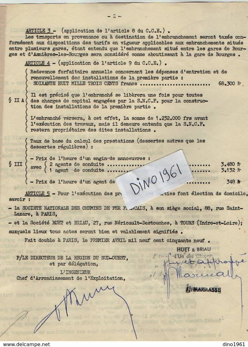 VP12.730 - PARIS - Acte De 1959 - Entre La S.N.C.F Ligne De BOURGES à ARGENT X ASNIERES & La Sté HUET & BRIAU à TOURS - Ferrovie