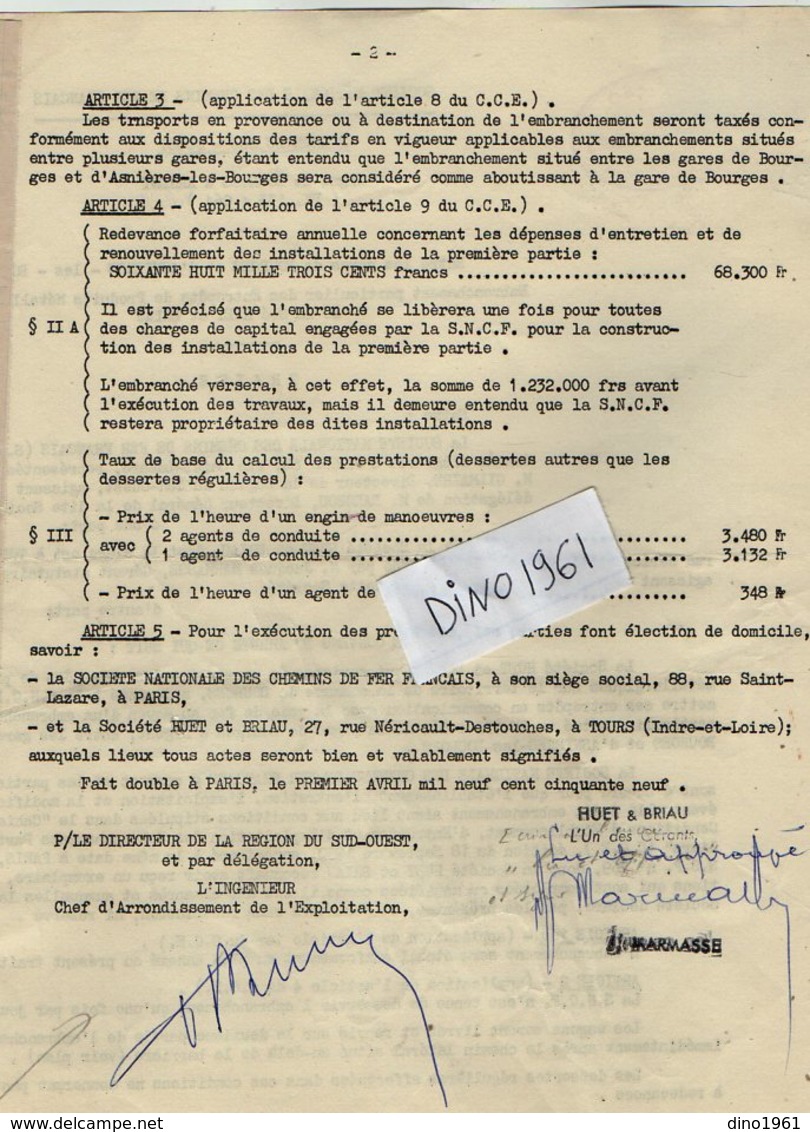VP12.730 - PARIS - Acte De 1959 - Entre La S.N.C.F Ligne De BOURGES à ARGENT X ASNIERES & La Sté HUET & BRIAU à TOURS - Chemin De Fer