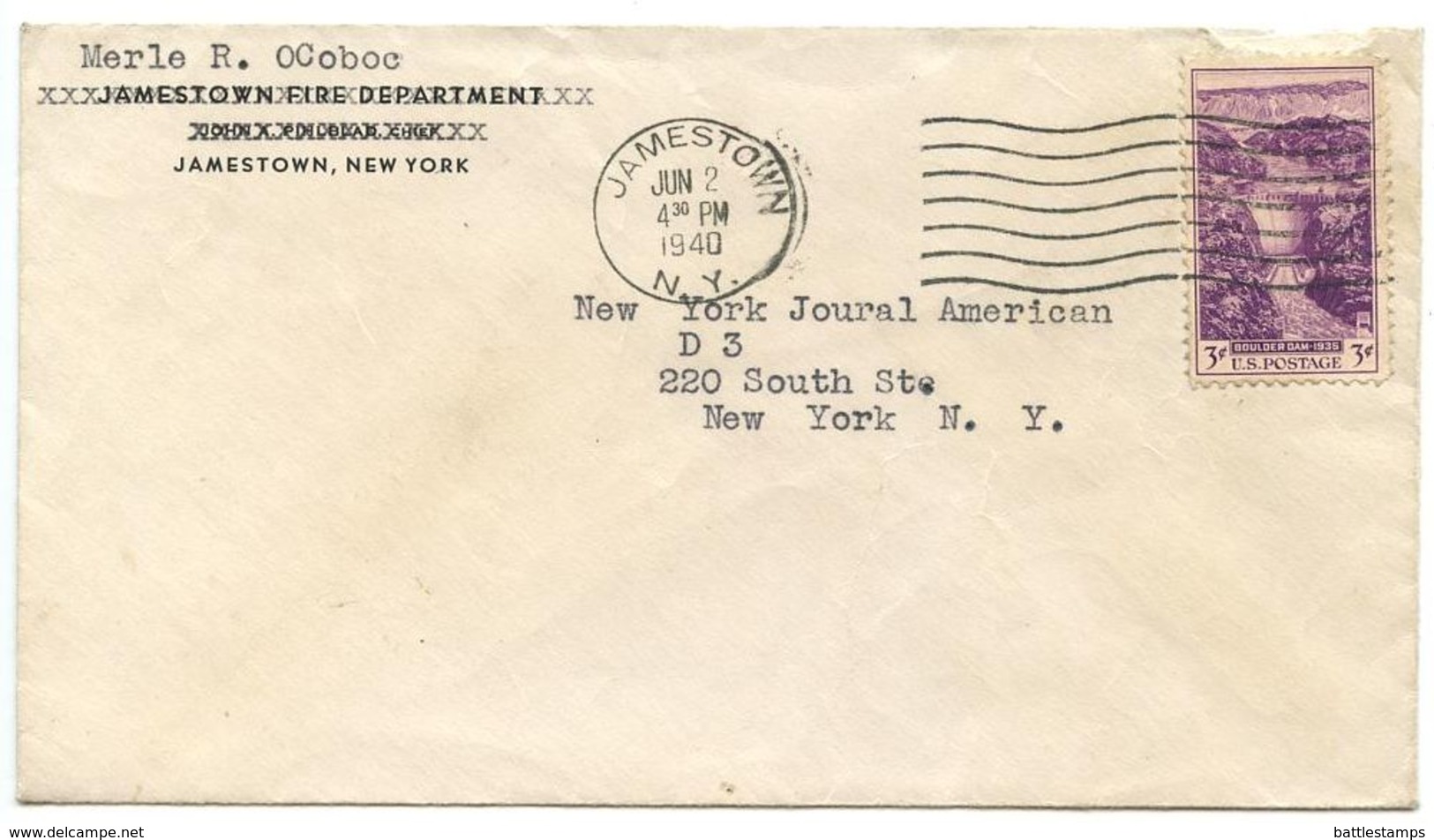 United States 1940 Cover Jamestown, New York To NYC W/ Scott 774 Boulder Dam - Lettres & Documents