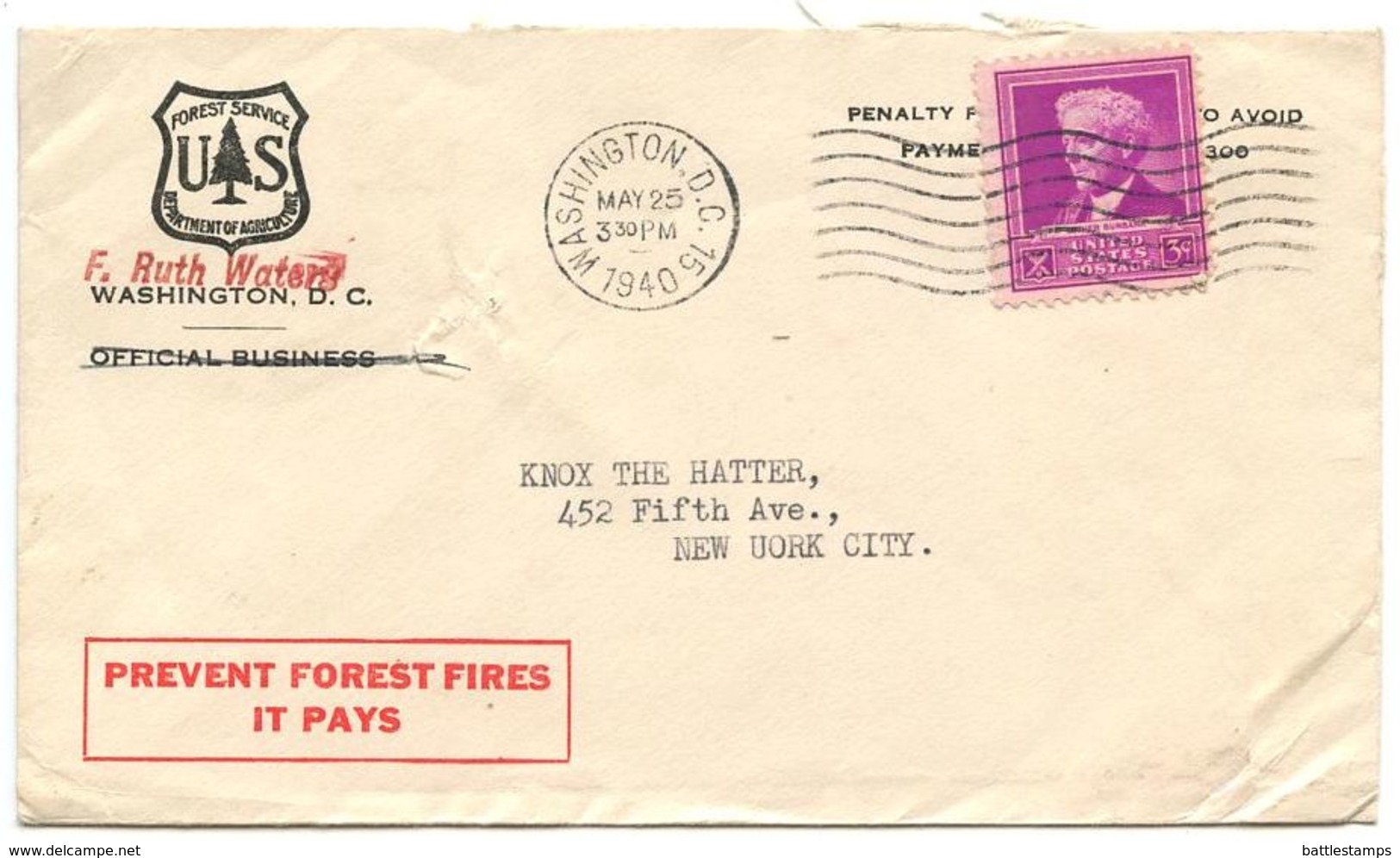 United States 1940 Cover Washington, D.C. - U.S. Forest Service W/ Scott 876 - Brieven En Documenten