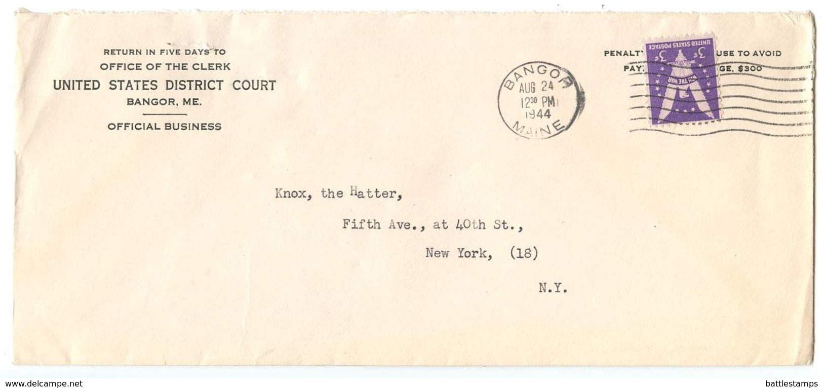 United States 1944 Cover Bangor, Maine - United States District Court - Brieven En Documenten