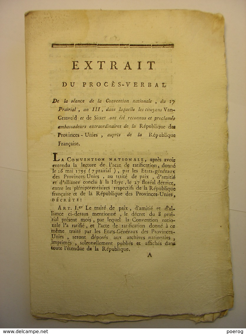 EXTRAIT PROCES VERBAL 1795 CONVENTION NATIONALE - GRASVELD SITTER HOLLANDE PROVINCES UNIES DES PAYS BAS TRAITE DE PAIX - Decrees & Laws