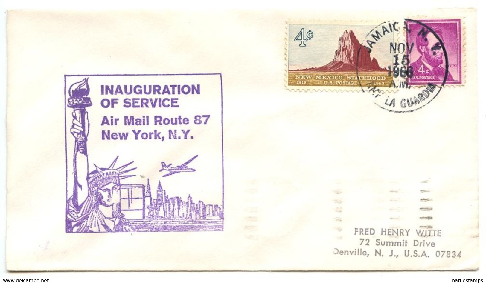 United States 1966 1st Flight Cover A.M. Route 87 New York, NY - 3c. 1961-... Covers