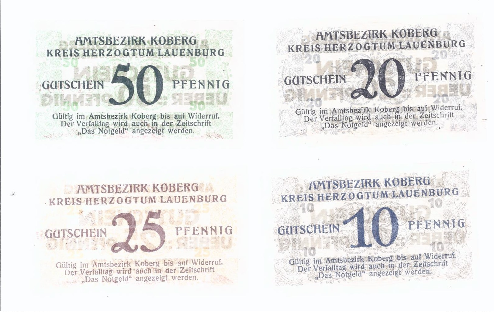 Notgeld - Koberg , Lauenburg , Schleswig Holstein , 10+20 - 25+50 Pfg.  Komplett - 3 Scheine   - NG-058 - Lokale Ausgaben