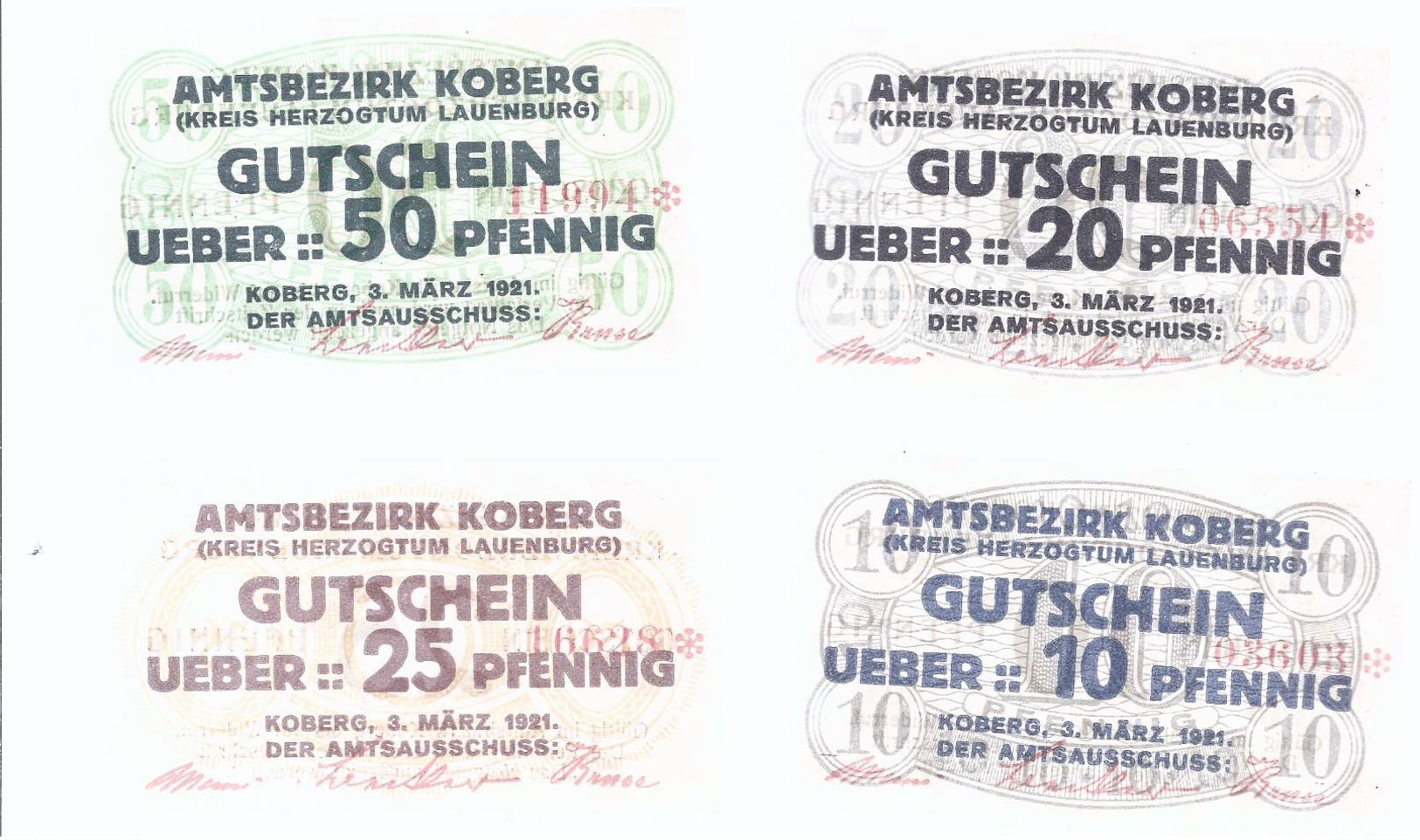 Notgeld - Koberg , Lauenburg , Schleswig Holstein , 10+20 - 25+50 Pfg.  Komplett - 3 Scheine   - NG-058 - Lokale Ausgaben