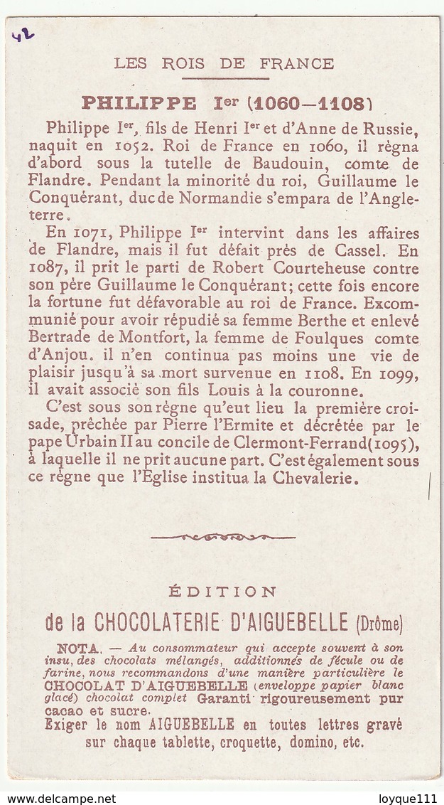 Chromo Chocolaterie D'aiguebelle "les Rois De France"  Philippe 1er  (1060-1108) - Chocolat