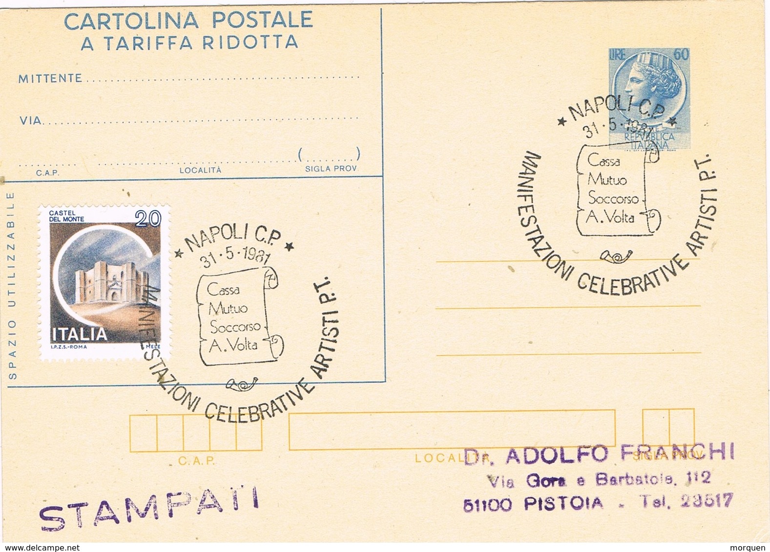 29214. Tarjeta NAPOLI  (Italia) 1981. Casa Mutuo Socorro VOLTA - 1981-90: Storia Postale