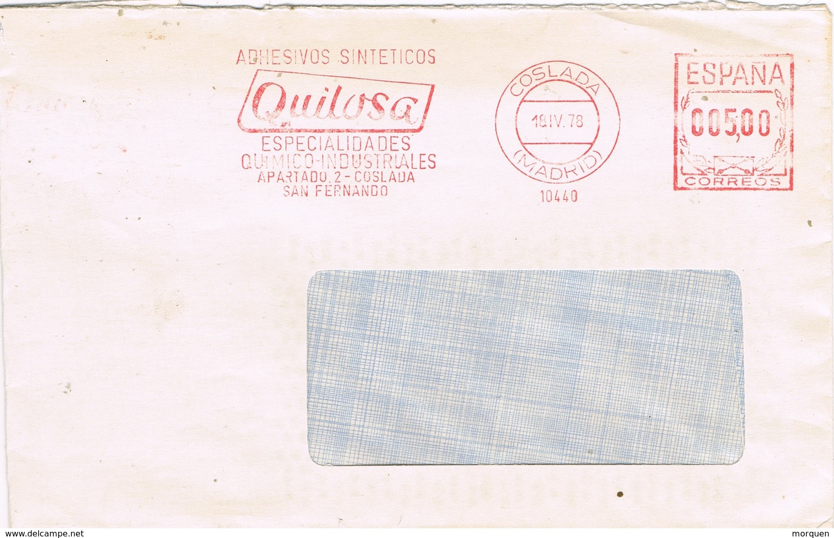 29217. Carta COSLADA (Madrid) 1978. Franqueo Mecanico QUILOSA, Quimico Industrial - Cartas & Documentos