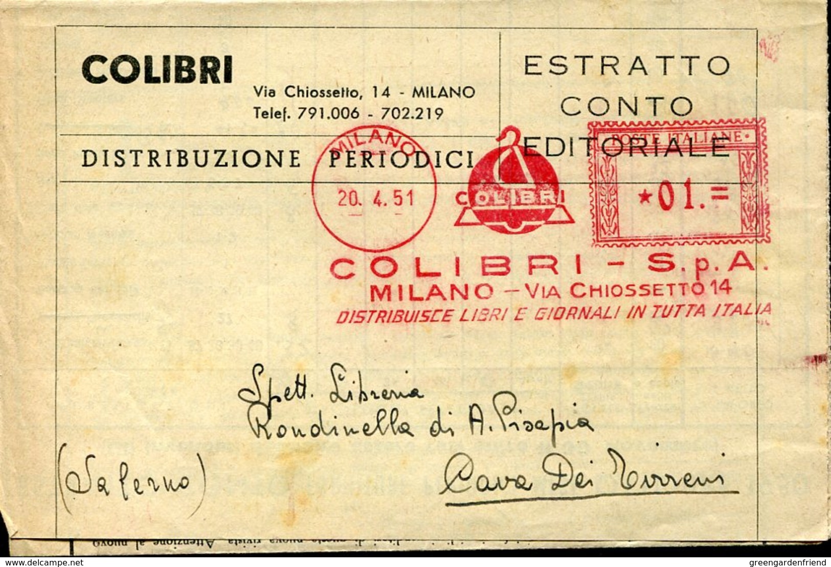 35884 Italia,  Red Meter/freistempel/ema/1951 Milano Colibri Spa Distribuisce Libri (tariffa Estratto Conto 1c) - Macchine Per Obliterare (EMA)