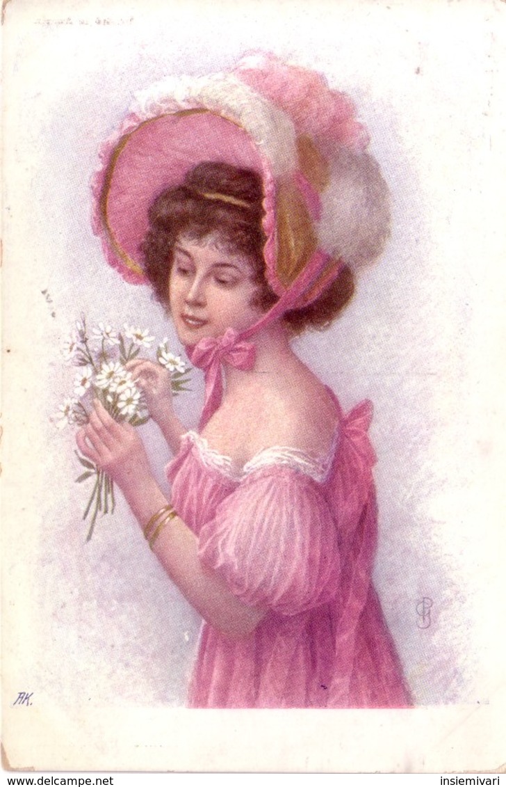 CARTOLINA"DONNA IN ROSA STILE IMPERO" ILLUSTRATORE P.G. N.v. - Usabal