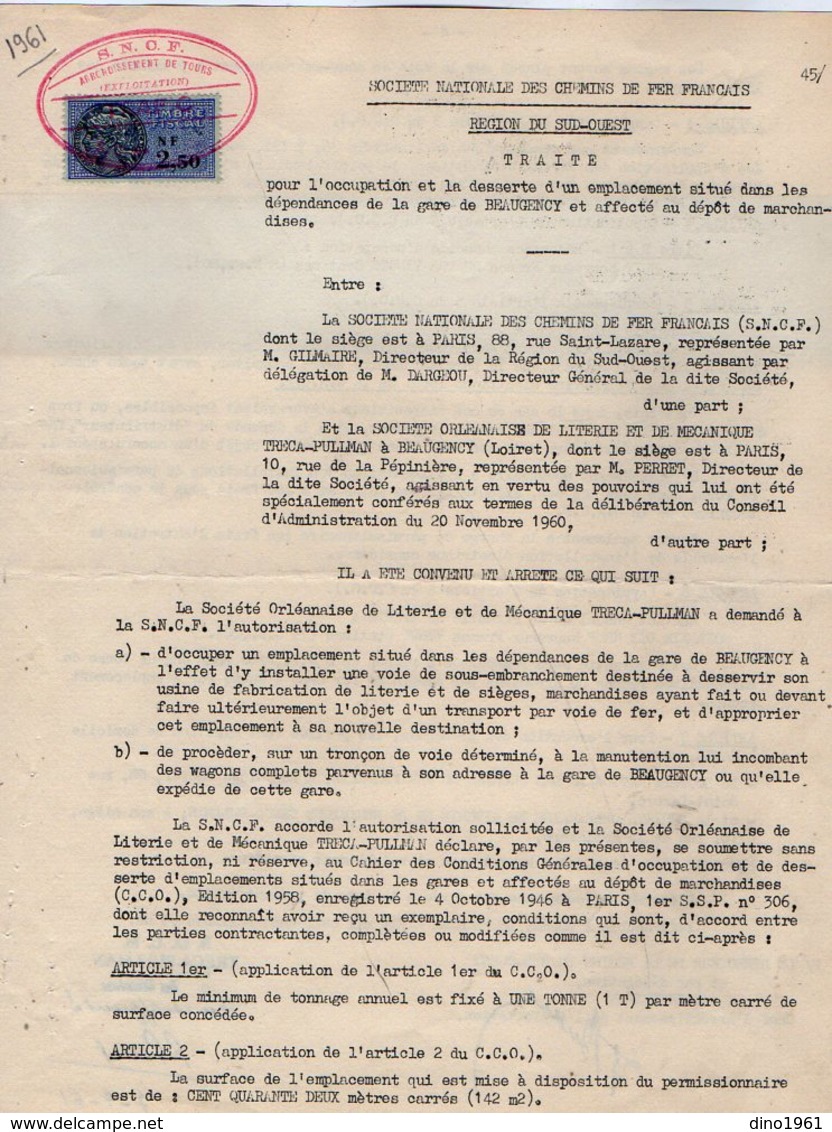 VP12.733 - TOURS - Acte 1961 - Entre La S.N.C.F Gare De BEAUGENCY & La Société Orléanaise De Literie....TRECA - PULLMAN - Chemin De Fer