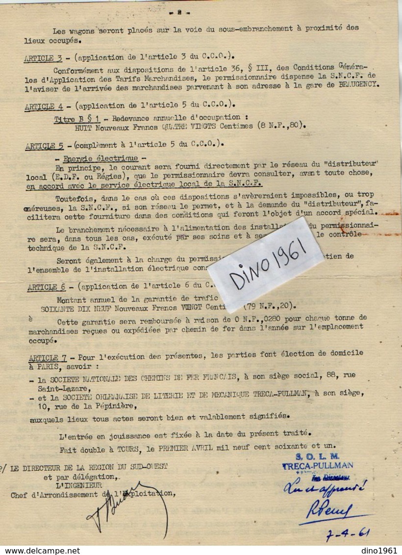 VP12.733 - TOURS - Acte 1961 - Entre La S.N.C.F Gare De BEAUGENCY & La Société Orléanaise De Literie....TRECA - PULLMAN - Chemin De Fer