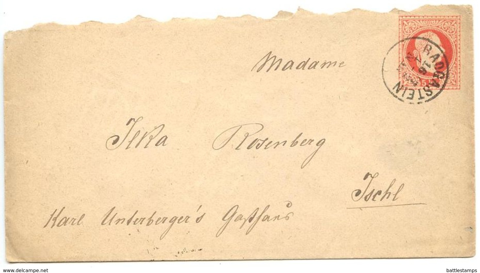 Austria 19th C. 5kr Josef Postal Envelope Radgastein To Ischl - Covers