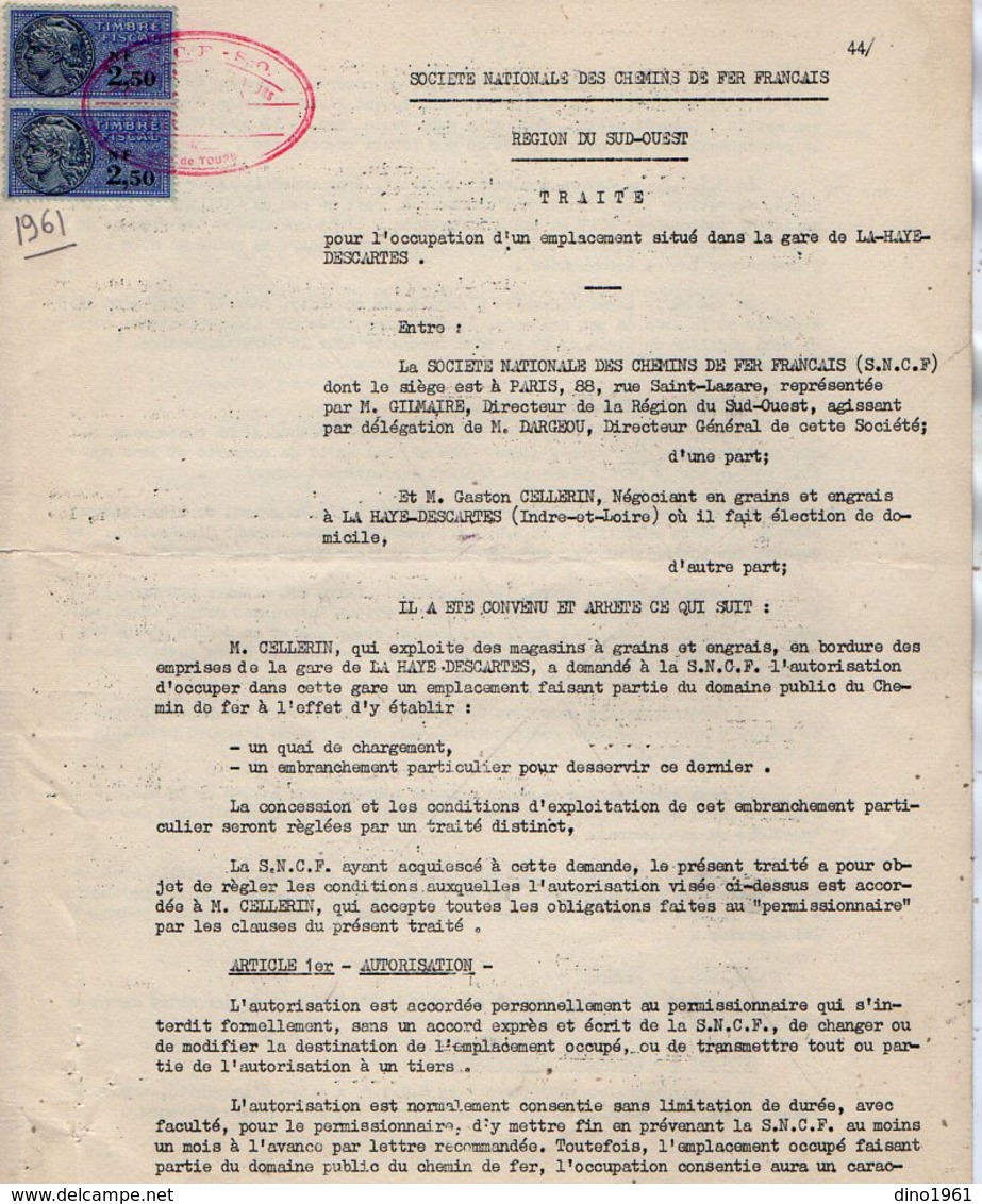 VP12.734 - PARIS X TOURS - 2 Actes De 1961 - Entre La S.N.C.F Gare De LA HAYE - DESCARTES & Mr Gaston CELLERIN - Spoorweg