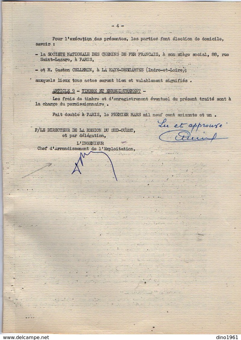 VP12.734 - PARIS X TOURS - 2 Actes De 1961 - Entre La S.N.C.F Gare De LA HAYE - DESCARTES & Mr Gaston CELLERIN - Eisenbahnverkehr