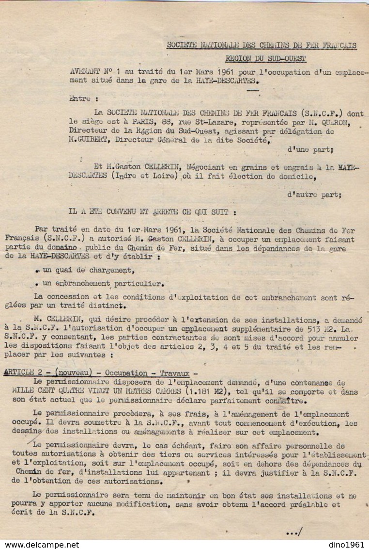 VP12.734 - PARIS X TOURS - 2 Actes De 1961 - Entre La S.N.C.F Gare De LA HAYE - DESCARTES & Mr Gaston CELLERIN - Ferrovie