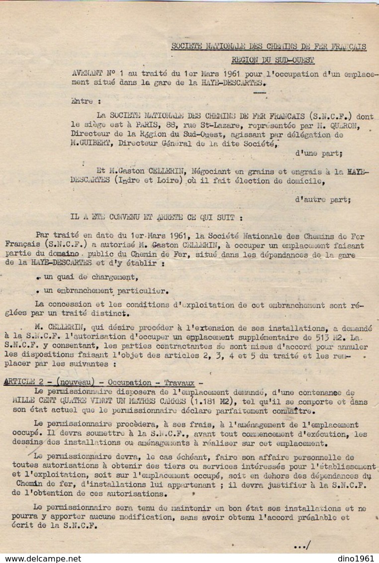 VP12.734 - PARIS X TOURS - 2 Actes De 1961 - Entre La S.N.C.F Gare De LA HAYE - DESCARTES & Mr Gaston CELLERIN - Railway