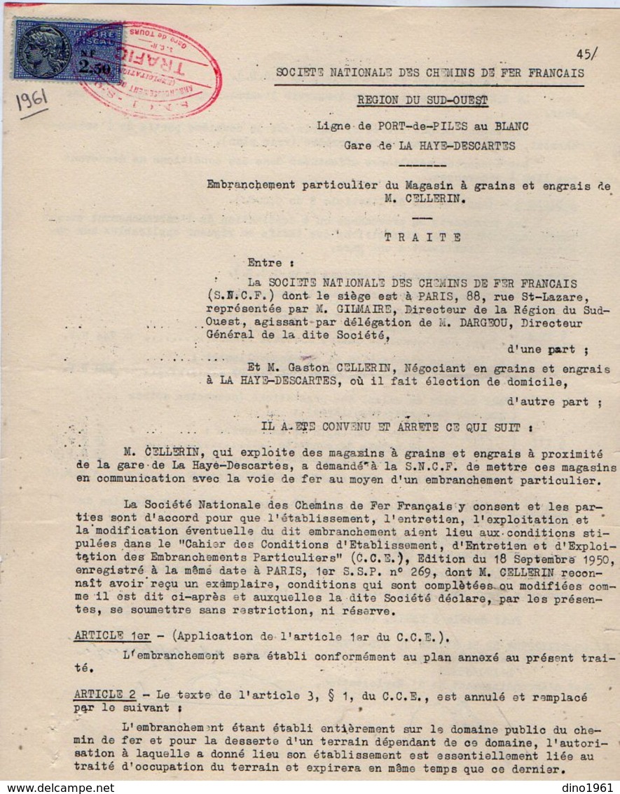 VP12.735 - PARIS - Acte De 1961 - Entre La S.N.C.F Ligne De PORT DE PILES Au BLANC X LA HAYE - DESCARTES & Mr CELLERIN - Chemin De Fer