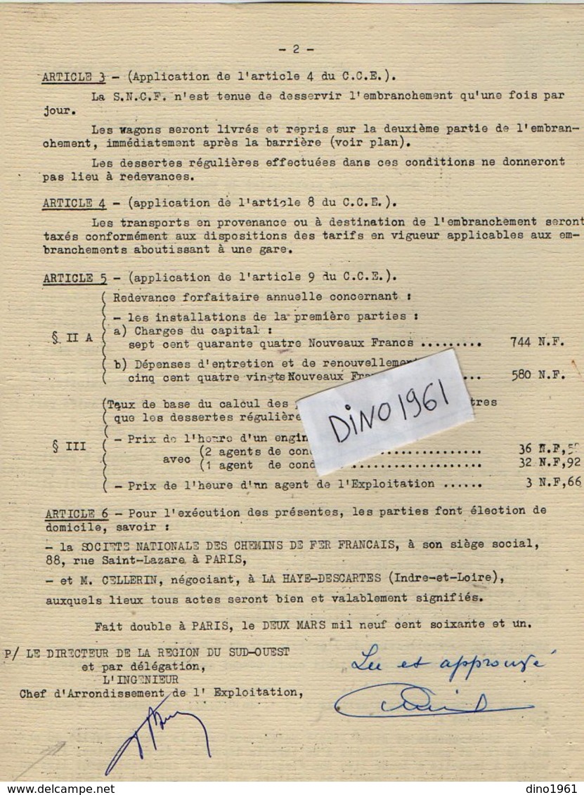 VP12.735 - PARIS - Acte De 1961 - Entre La S.N.C.F Ligne De PORT DE PILES Au BLANC X LA HAYE - DESCARTES & Mr CELLERIN - Chemin De Fer