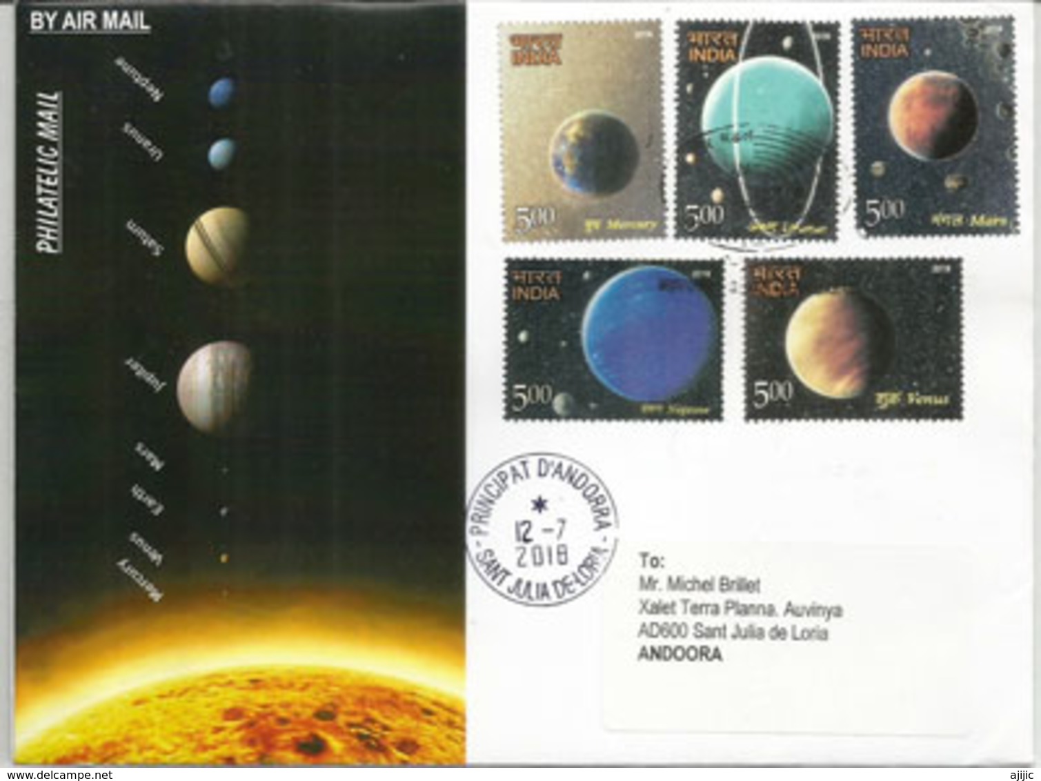 INDIA.Solar System.Planets: Mercury,Mars,Uranus,Neptune,Venus. Letter India 2018, Sent To Andorra, With Arrival Postmark - Azië