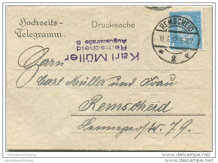 Glückwunsch - Filigrane Hochzeitskarte Gel. 1932 Nach Remscheid - Hochzeiten